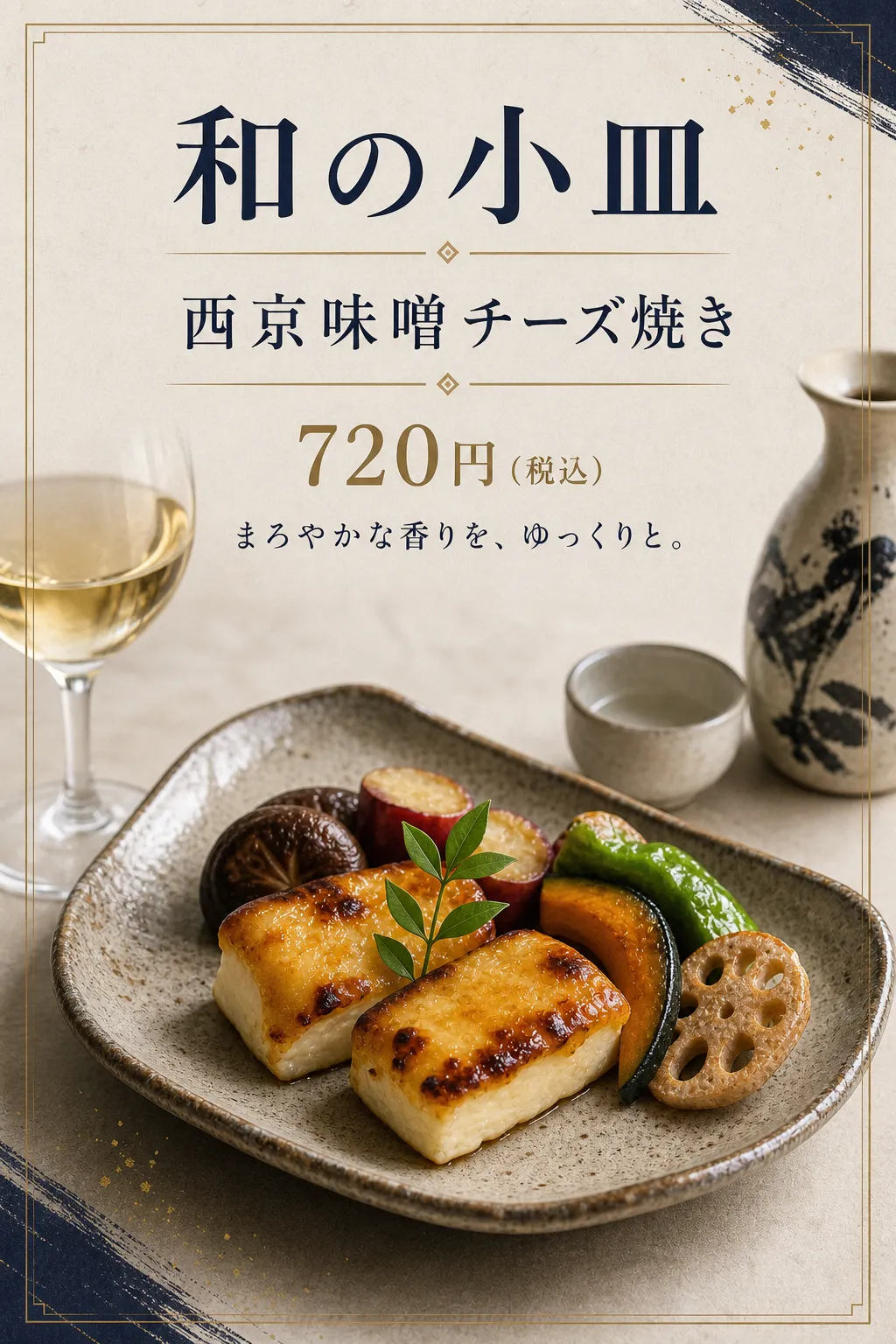 生成り色の背景に小皿と酒器を配し、上部で料理名を案内しています。