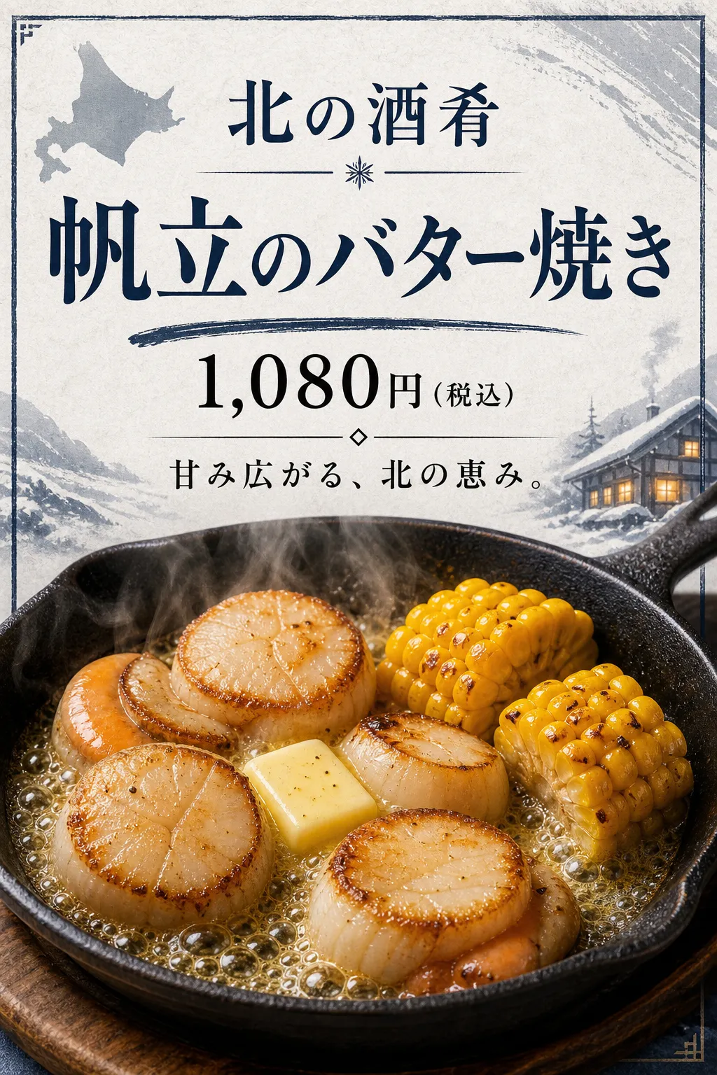 青い文字の下に熱した器の帆立を置き、湯気と付け合わせを見せています。
