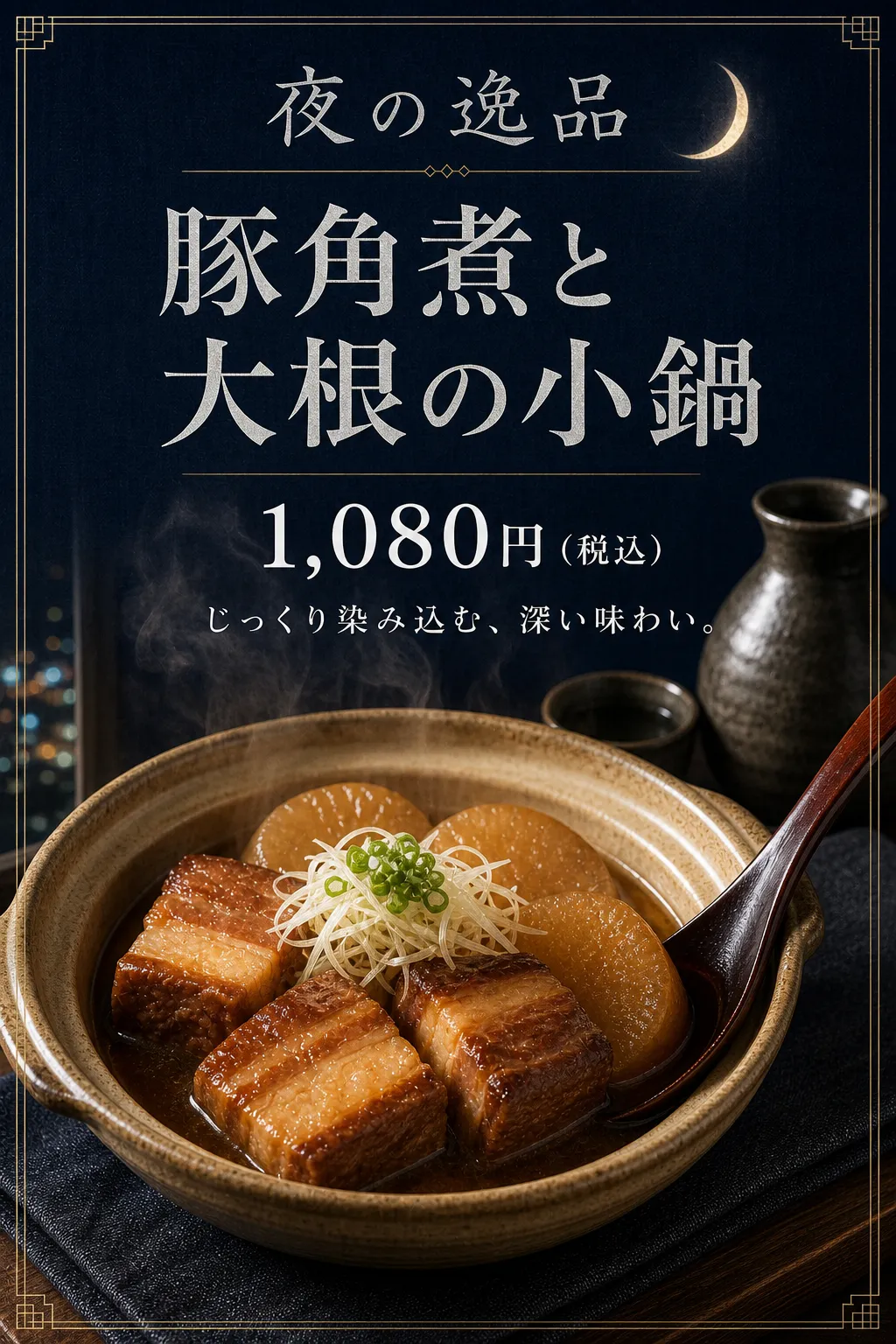 濃紺の背景に小鍋の煮込み料理を配置し、白い見出しと価格を載せています。