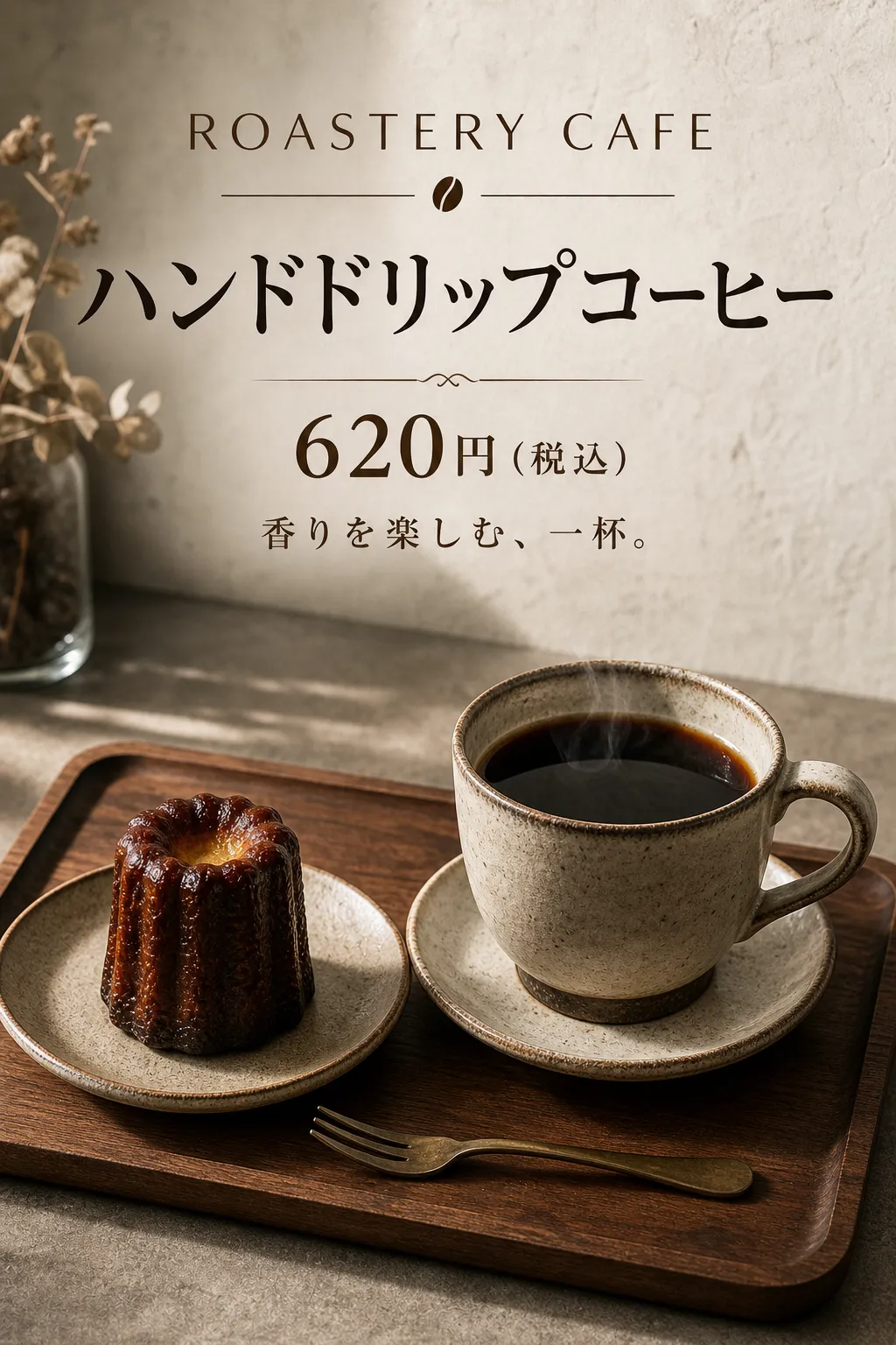 木のトレイのコーヒーと焼き菓子に、落ち着いた茶色の文字を添えています。