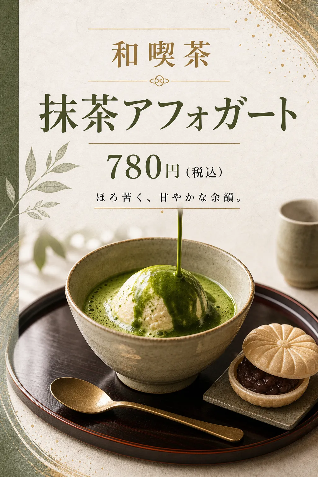 飲食店 メニュー: 抹茶を注ぐデザート紹介