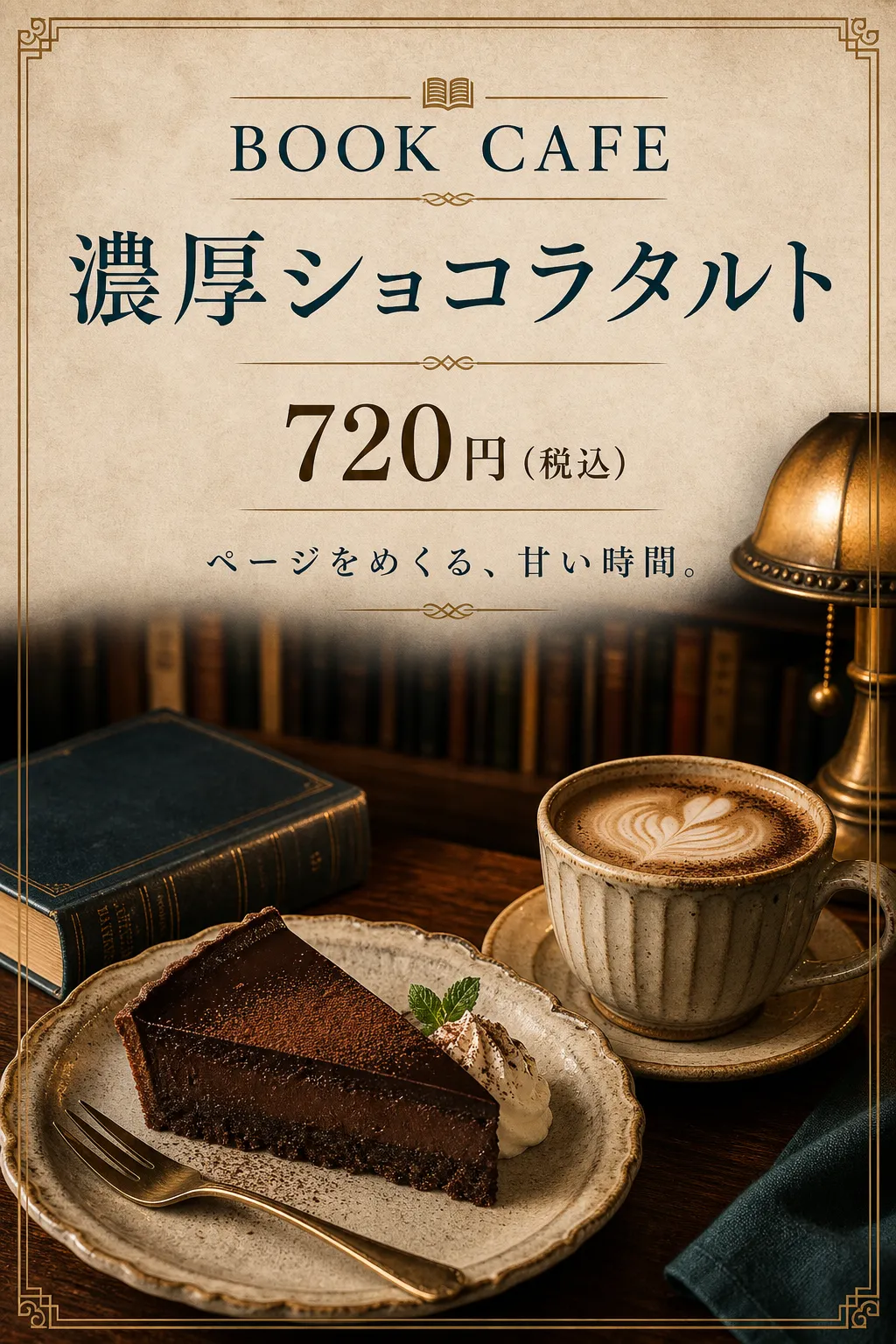 飲食店 メニュー: 本棚とランプのチョコレートタルト