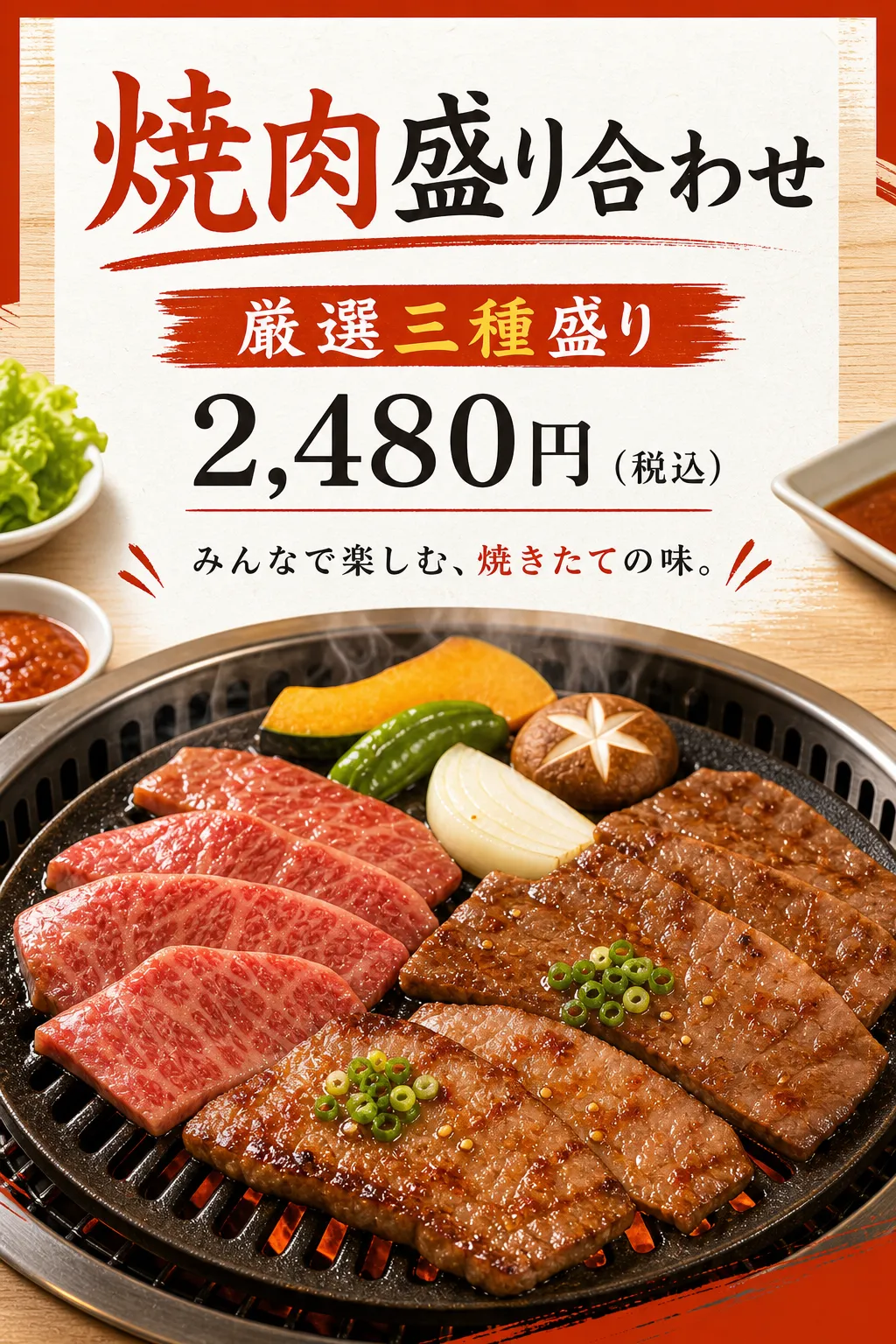 飲食店 メニュー: 赤枠の肉と野菜の網焼き
