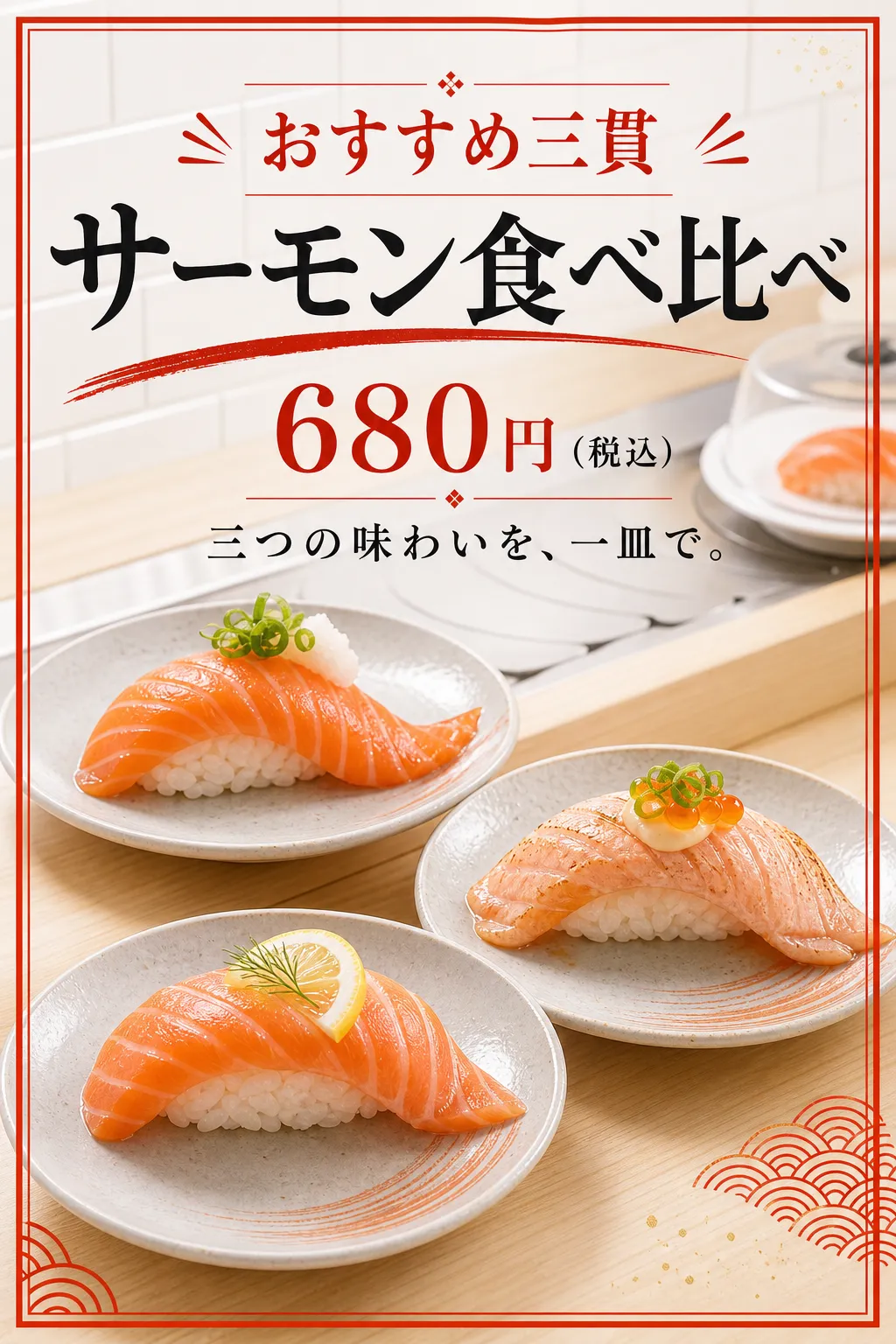 赤い細枠の中に三種類のサーモン握りを離して並べています。