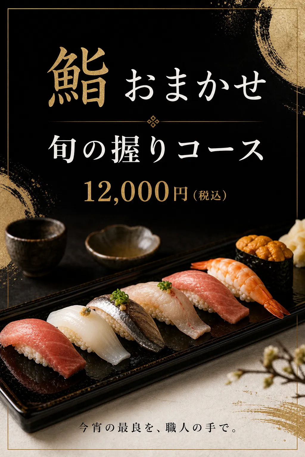 飲食店 メニュー: 黒金の寿司と小鉢コース