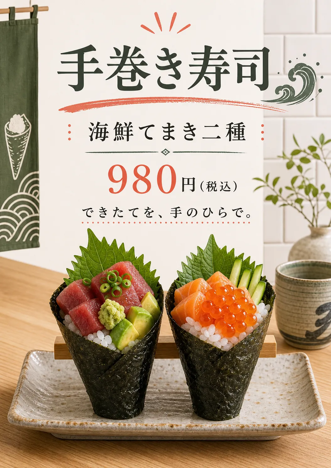 飲食店 メニュー: 緑の縦帯の手巻き寿司