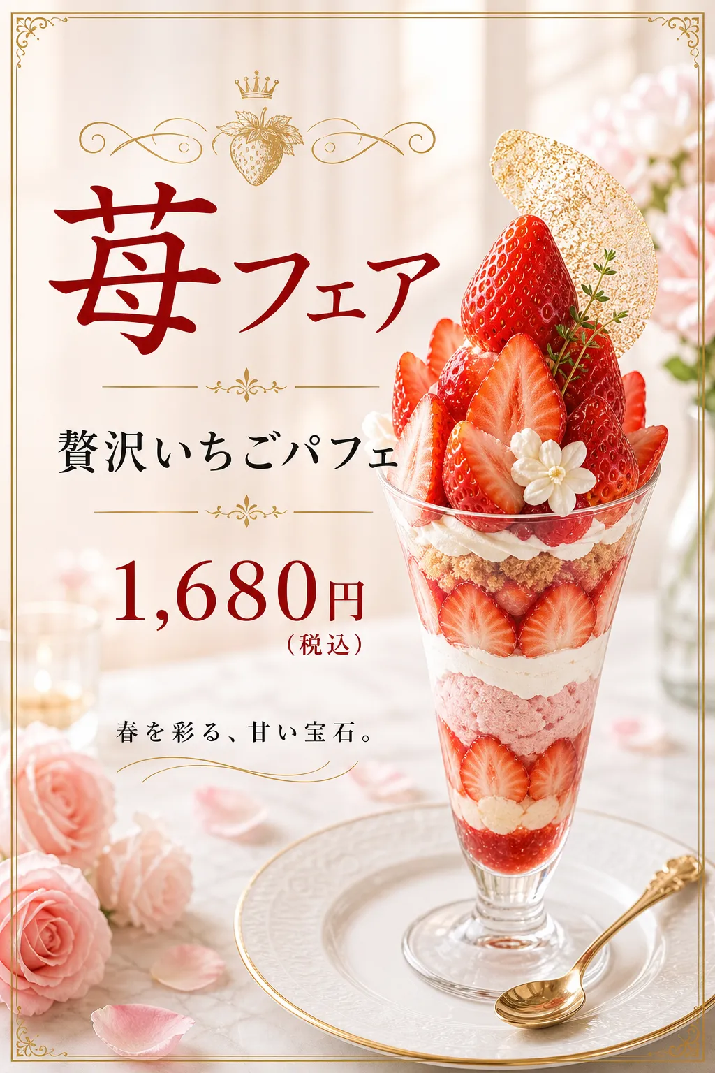 飲食店 メニュー: 花と金枠のいちごパフェ