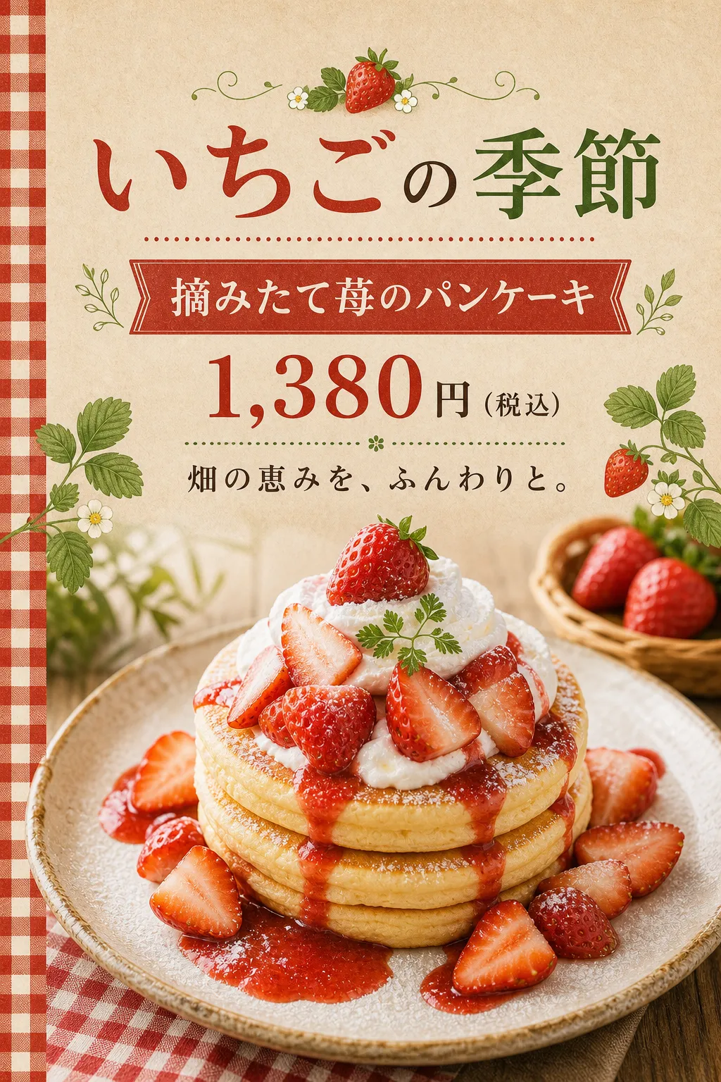 赤いチェック柄と苺の装飾に、重ねたパンケーキを見せています。