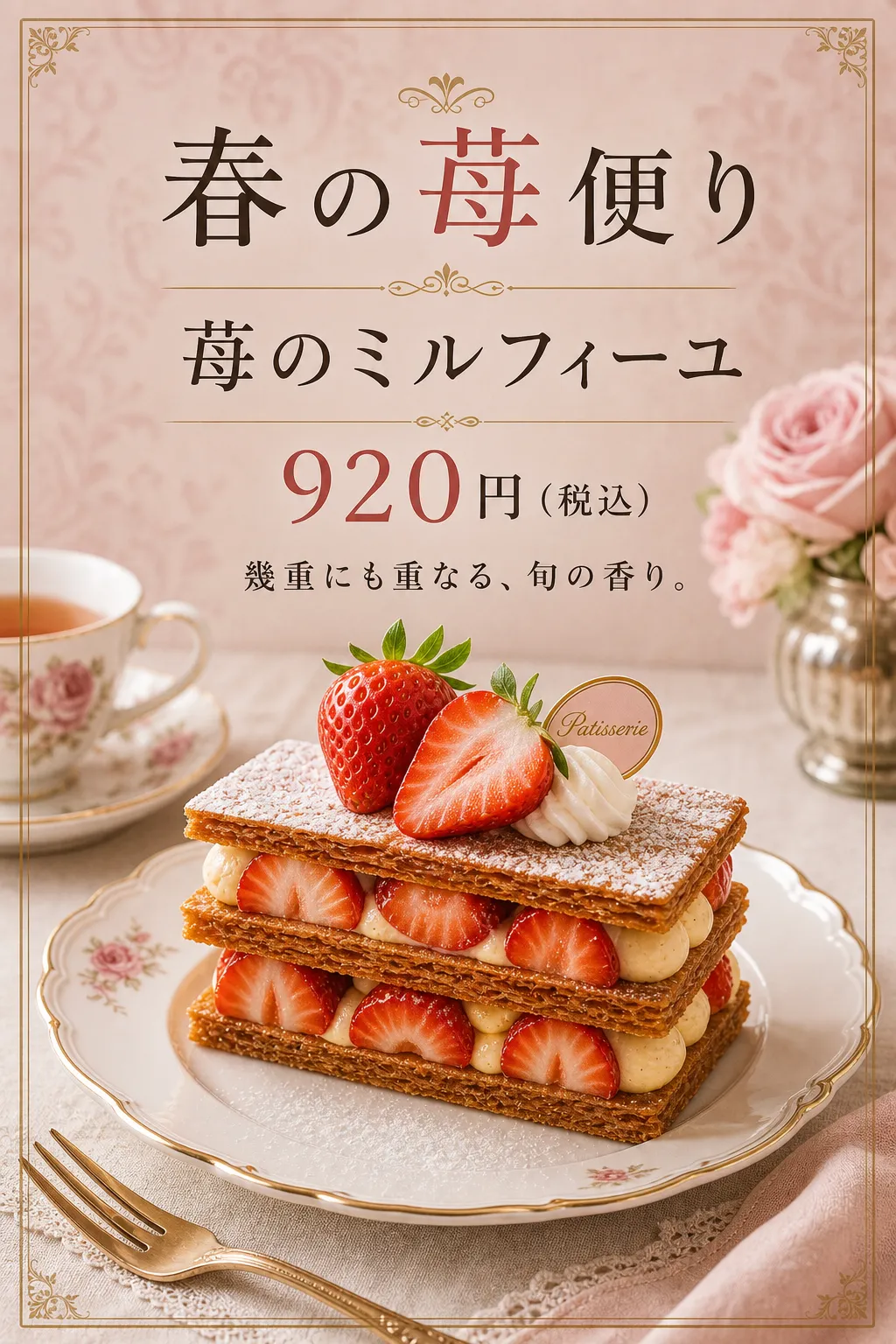 淡い花柄の背景に、苺を挟んだ層状の焼き菓子を置いています。
