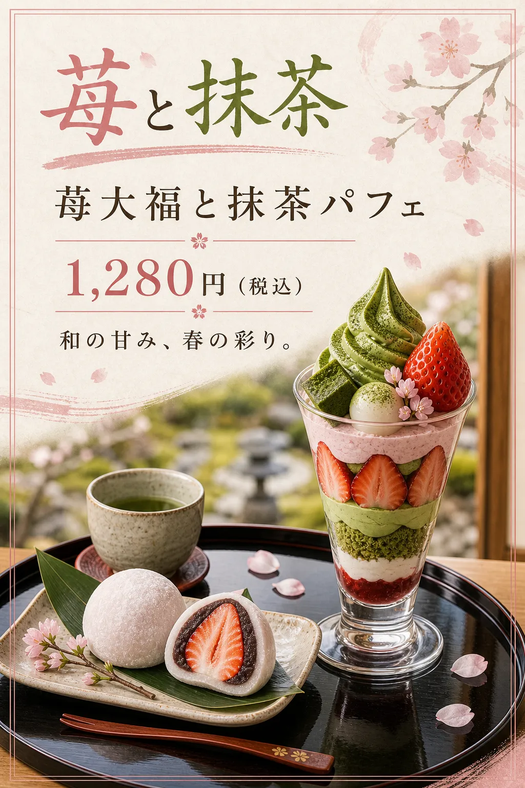 桜風の装飾と抹茶色の見出しに、パフェと大福、お茶を並べています。