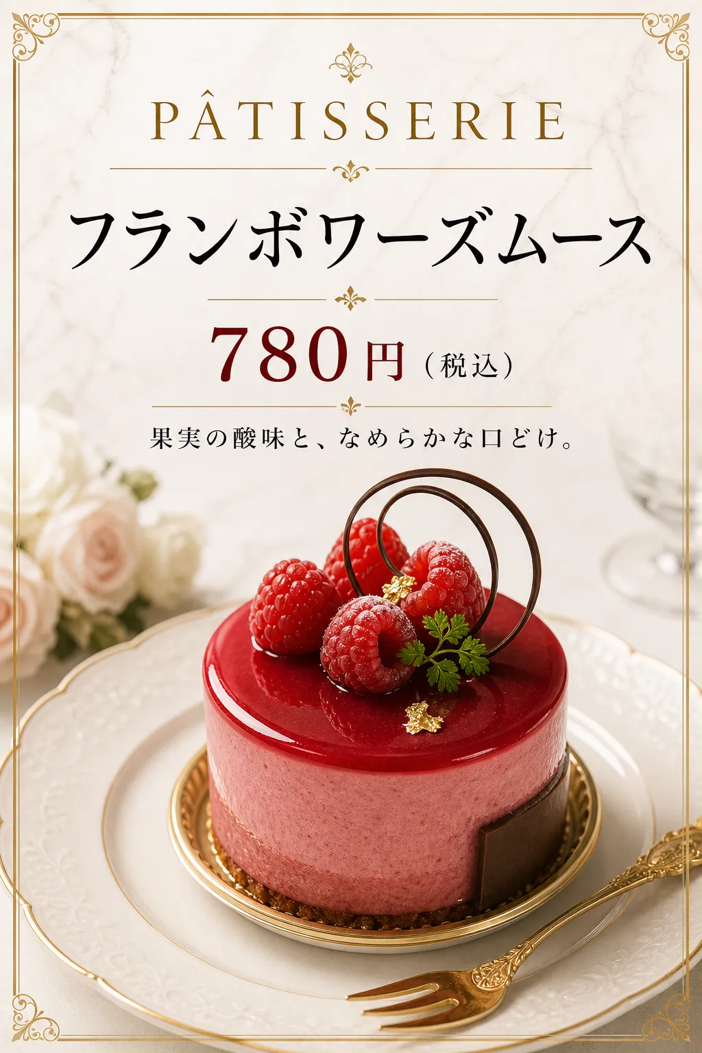 白金の枠に赤いムースケーキを中央配置し、花で周囲を飾っています。