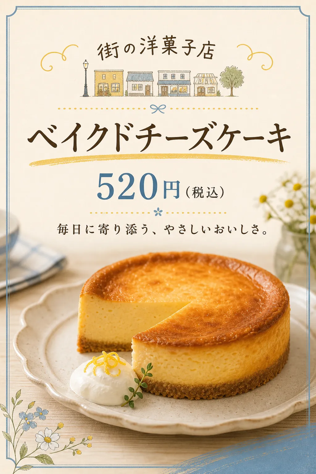 飲食店 メニュー: 淡黄色の焼きチーズケーキ