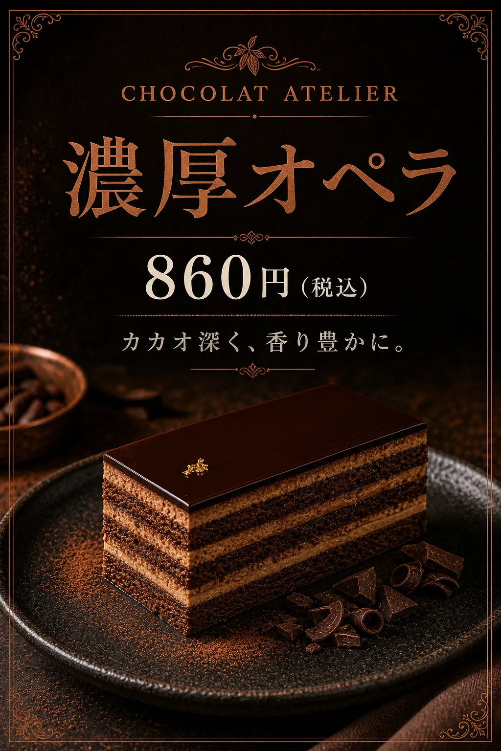 飲食店 メニュー: 暗茶色のチョコレートケーキ