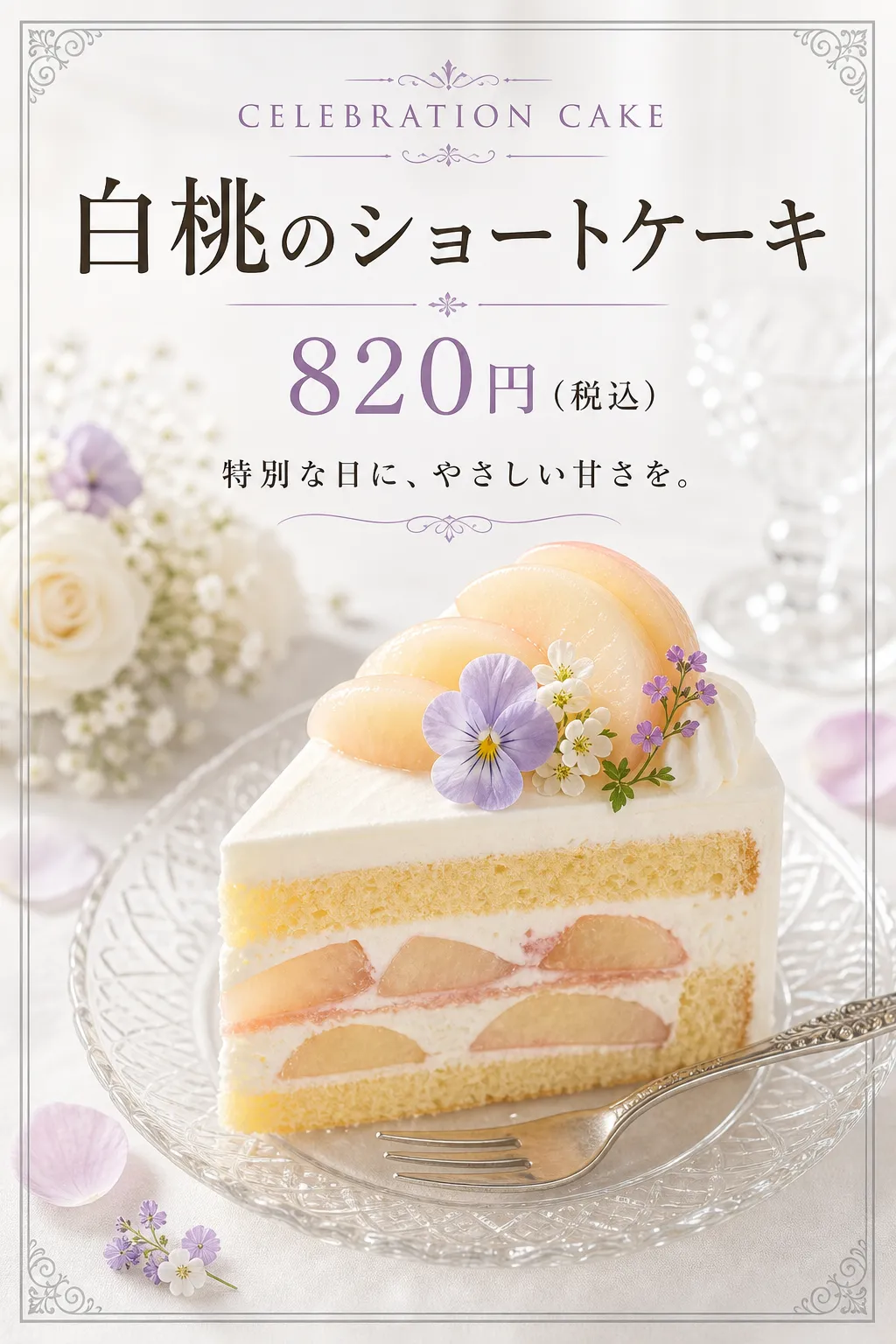 飲食店 メニュー: 白い花の桃ショートケーキ