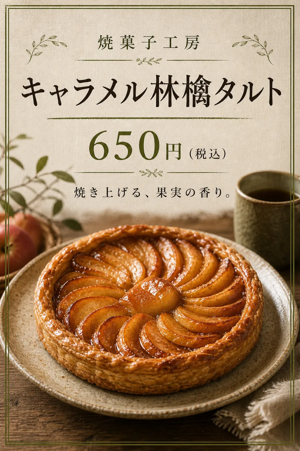 飲食店 メニュー: 葉の装飾の林檎タルト