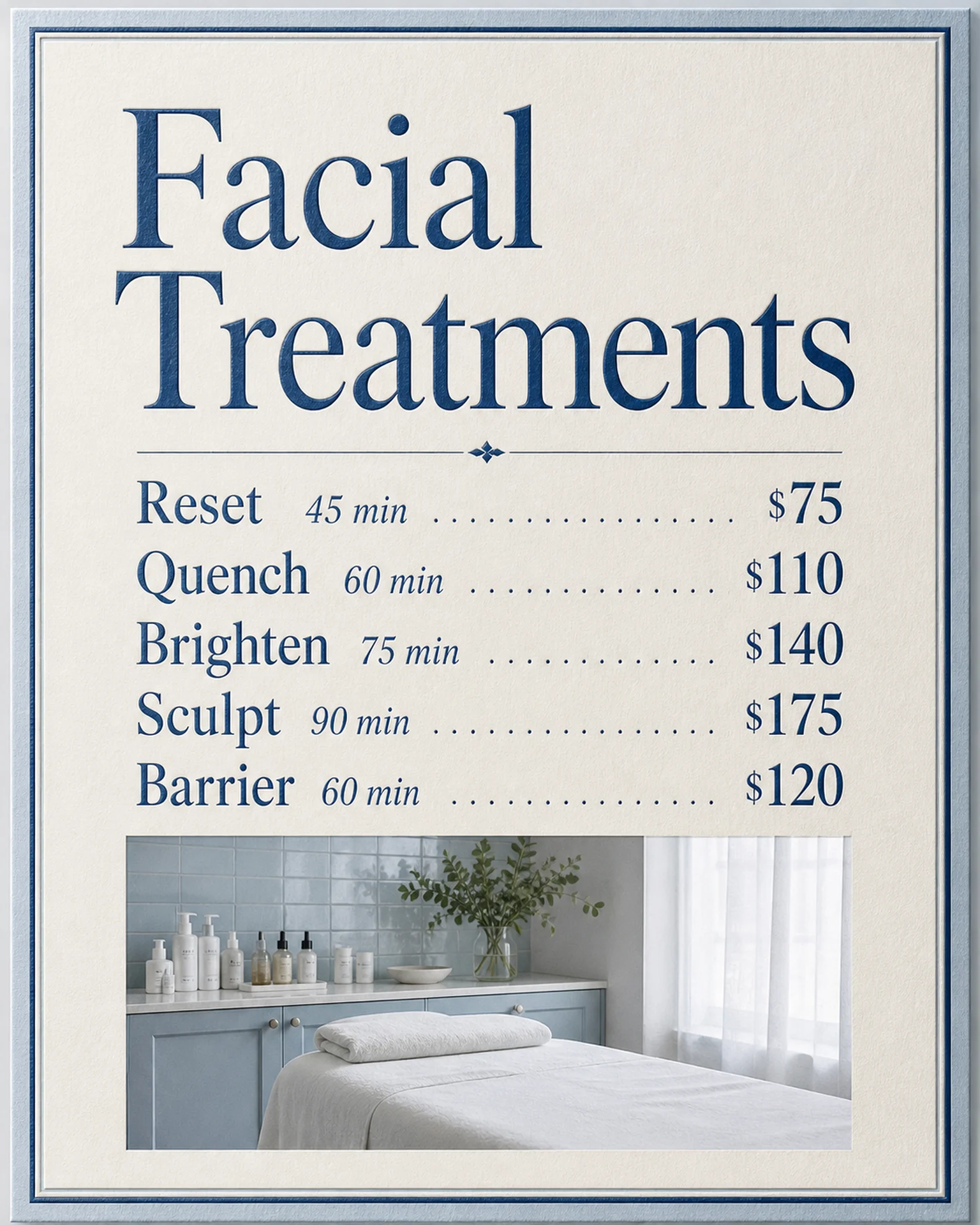 A bordered pale-blue facial menu pairs treatment names with duration and price.