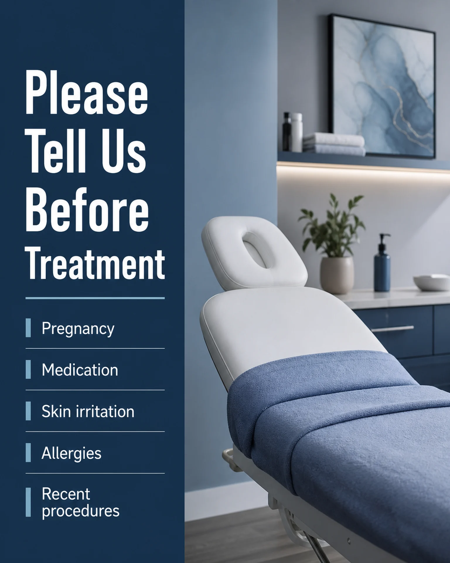A treatment chair sits beside a dark-blue list of pre-treatment disclosures.