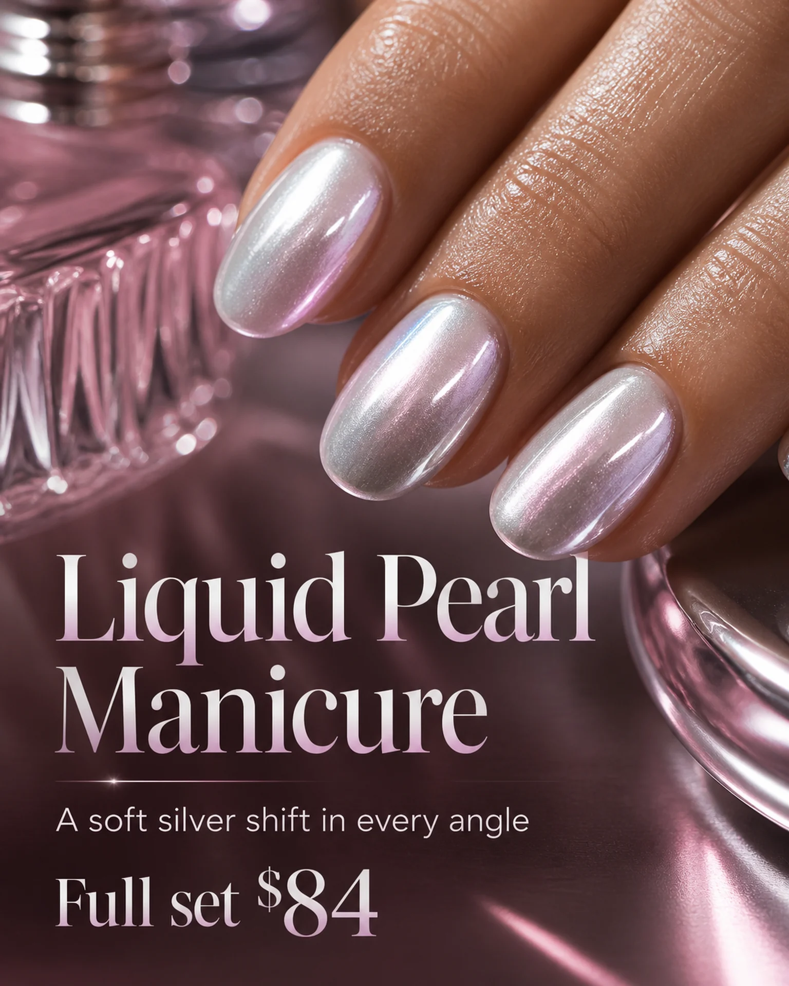 Pearlescent nails fill a pink reflective scene above the manicure name and price.