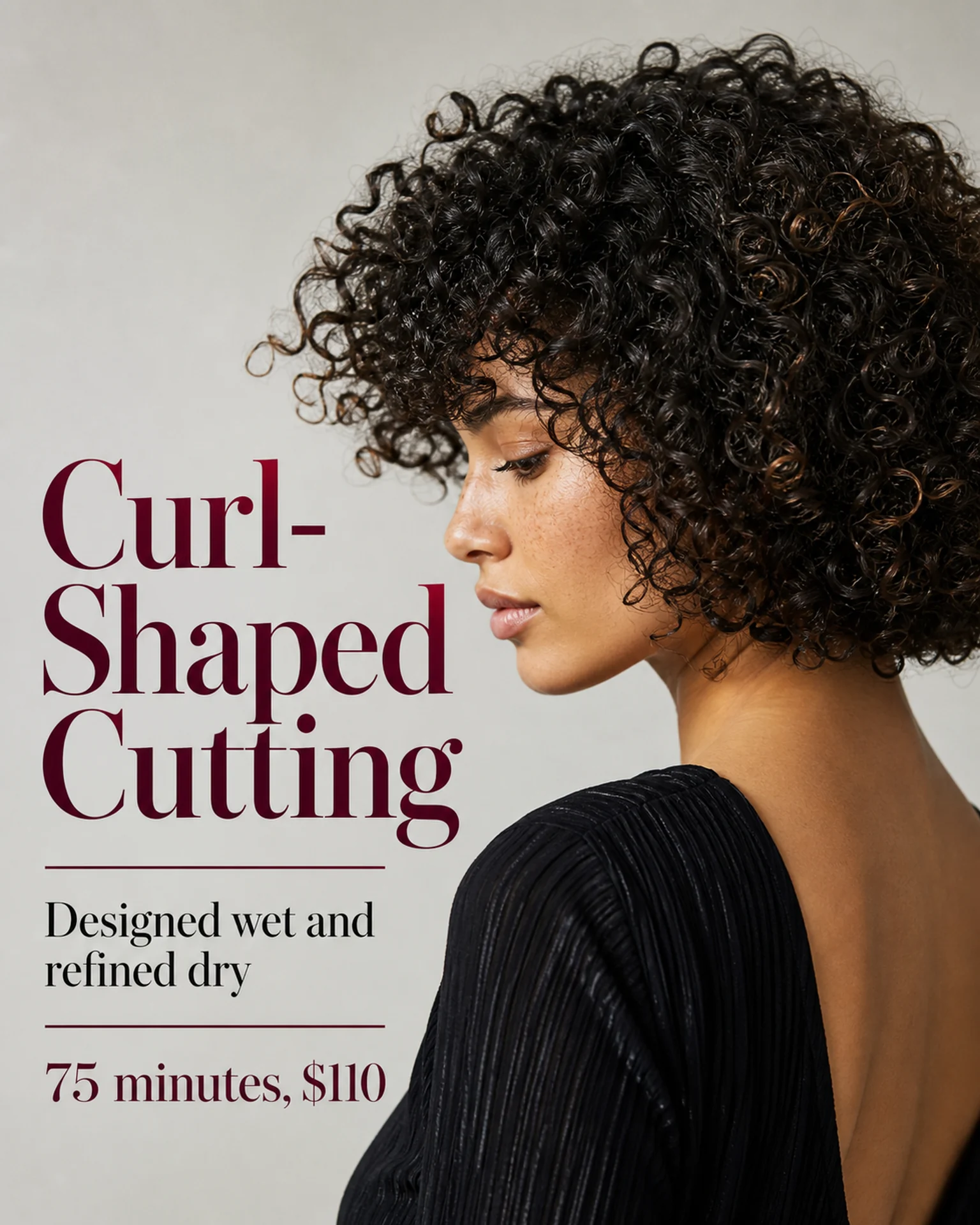 Curly-hair portrait with burgundy type