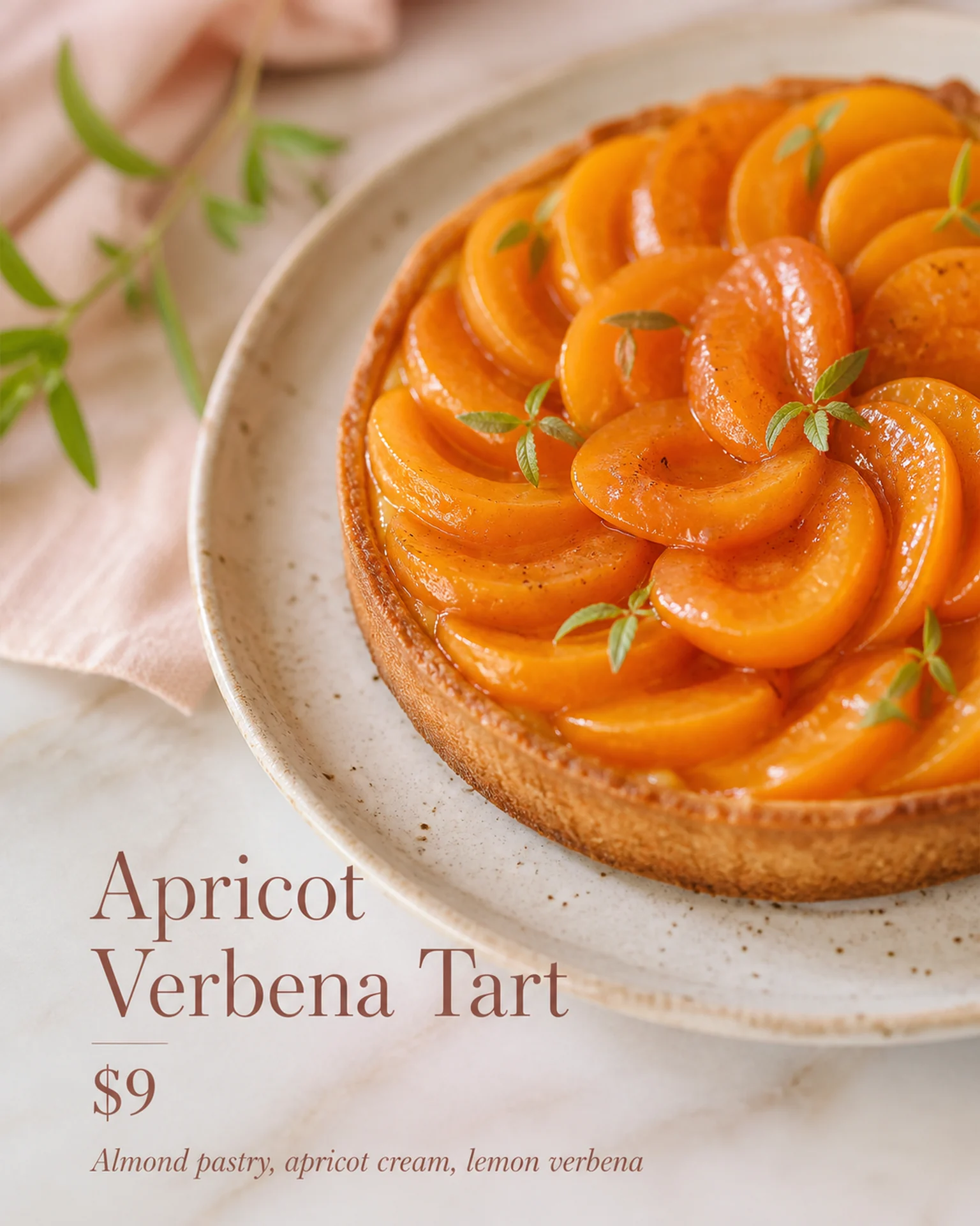 Restaurants Price card: Apricot tart on a cream background