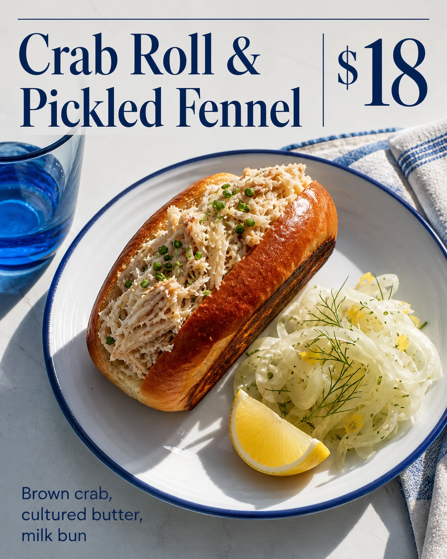 Crab roll with a blue-rimmed plate
