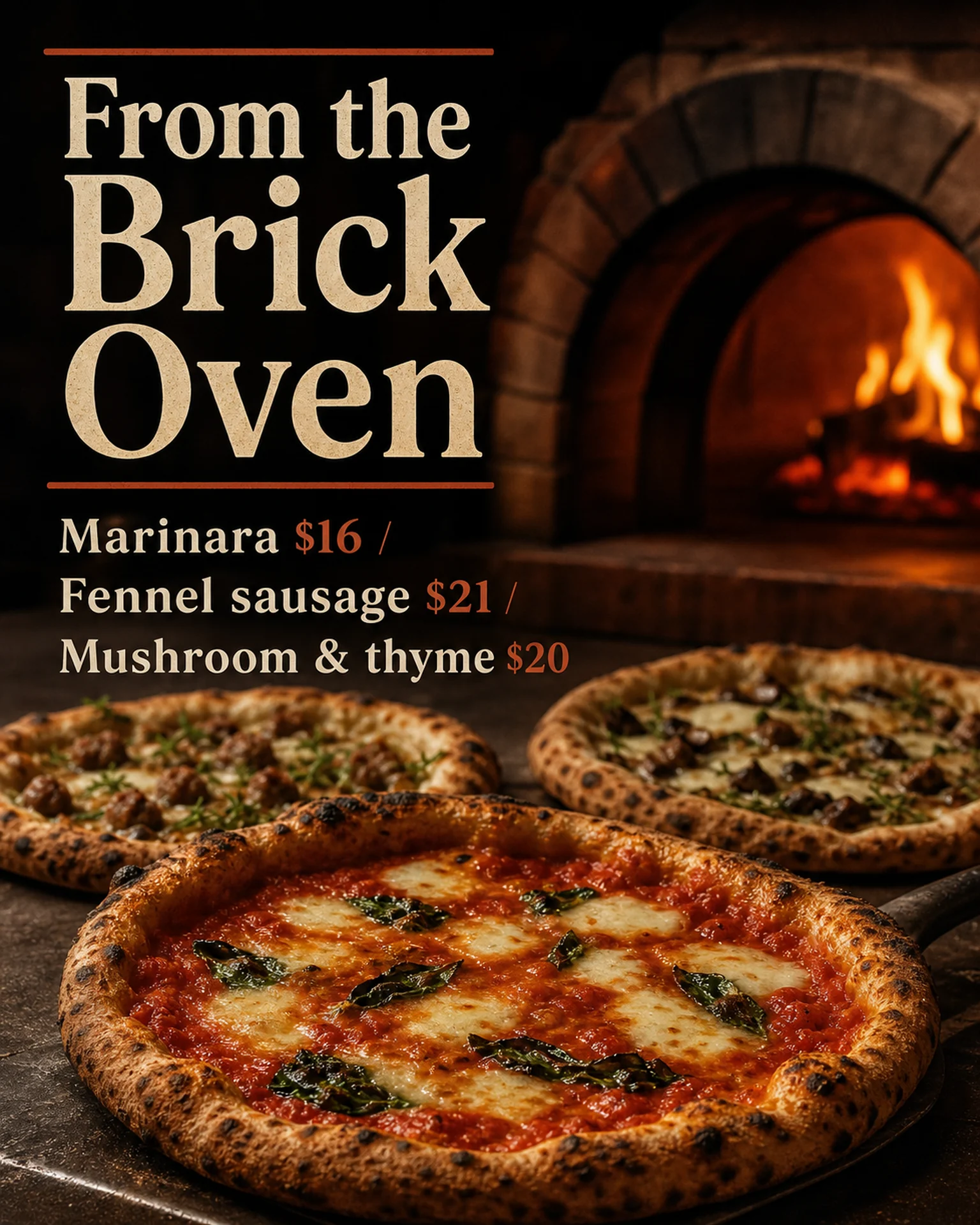 Wood-fired pizza menu