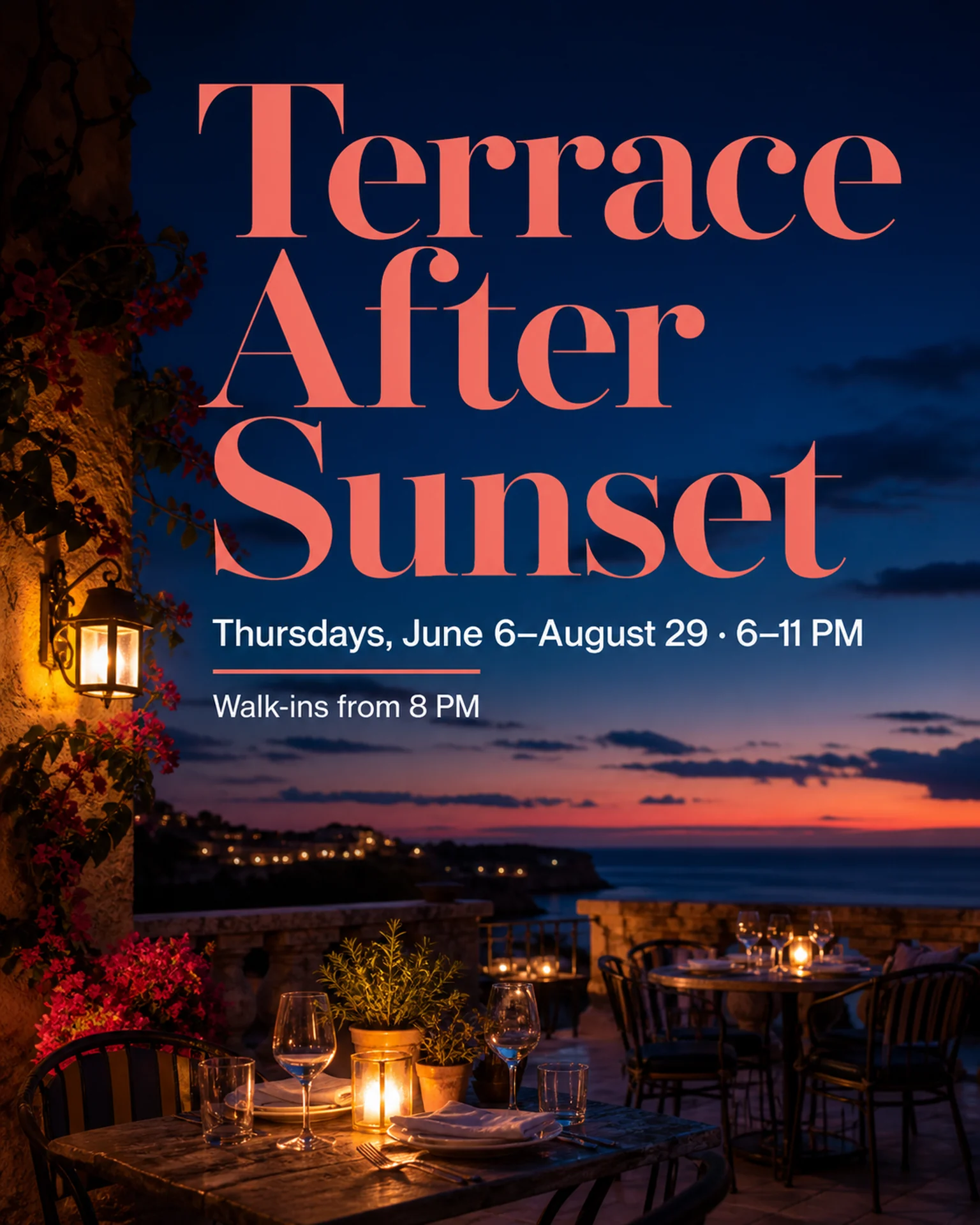 Sunset terrace with coral lettering