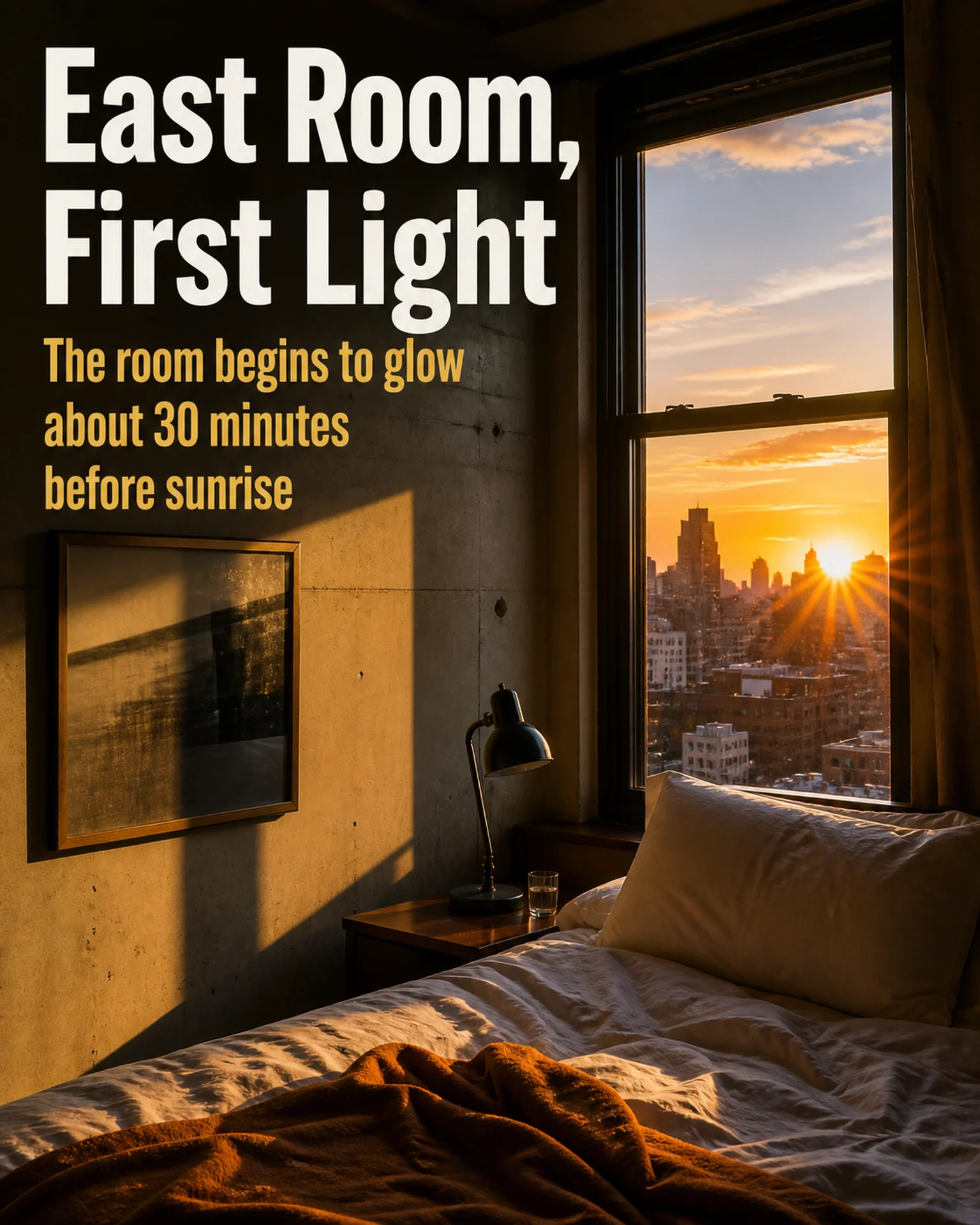 Sunlit guestroom with sunrise headline