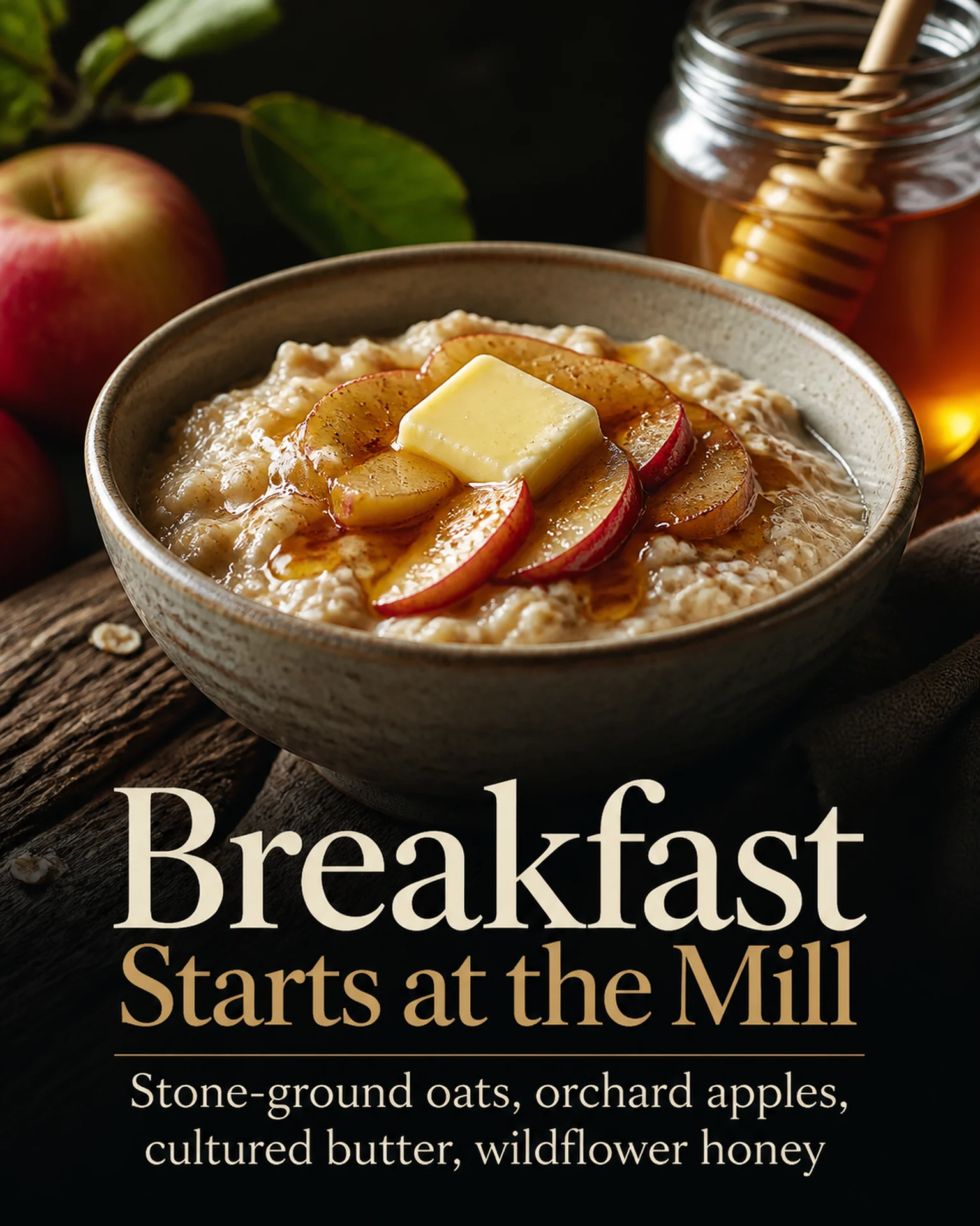 A bowl of oats with apple and butter is presented against a dark background.