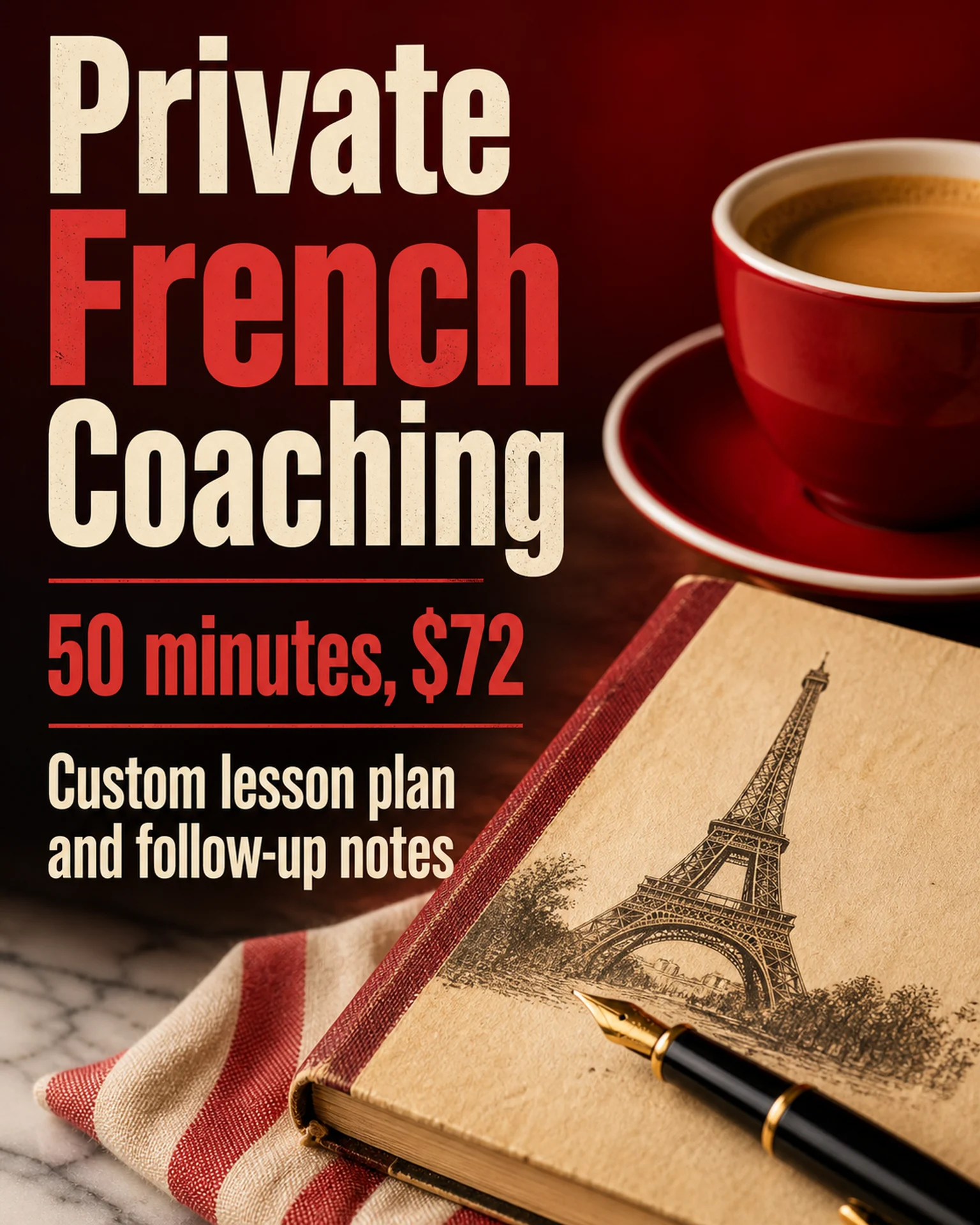 Classes & schools Price card: French coaching with coffee and notebook