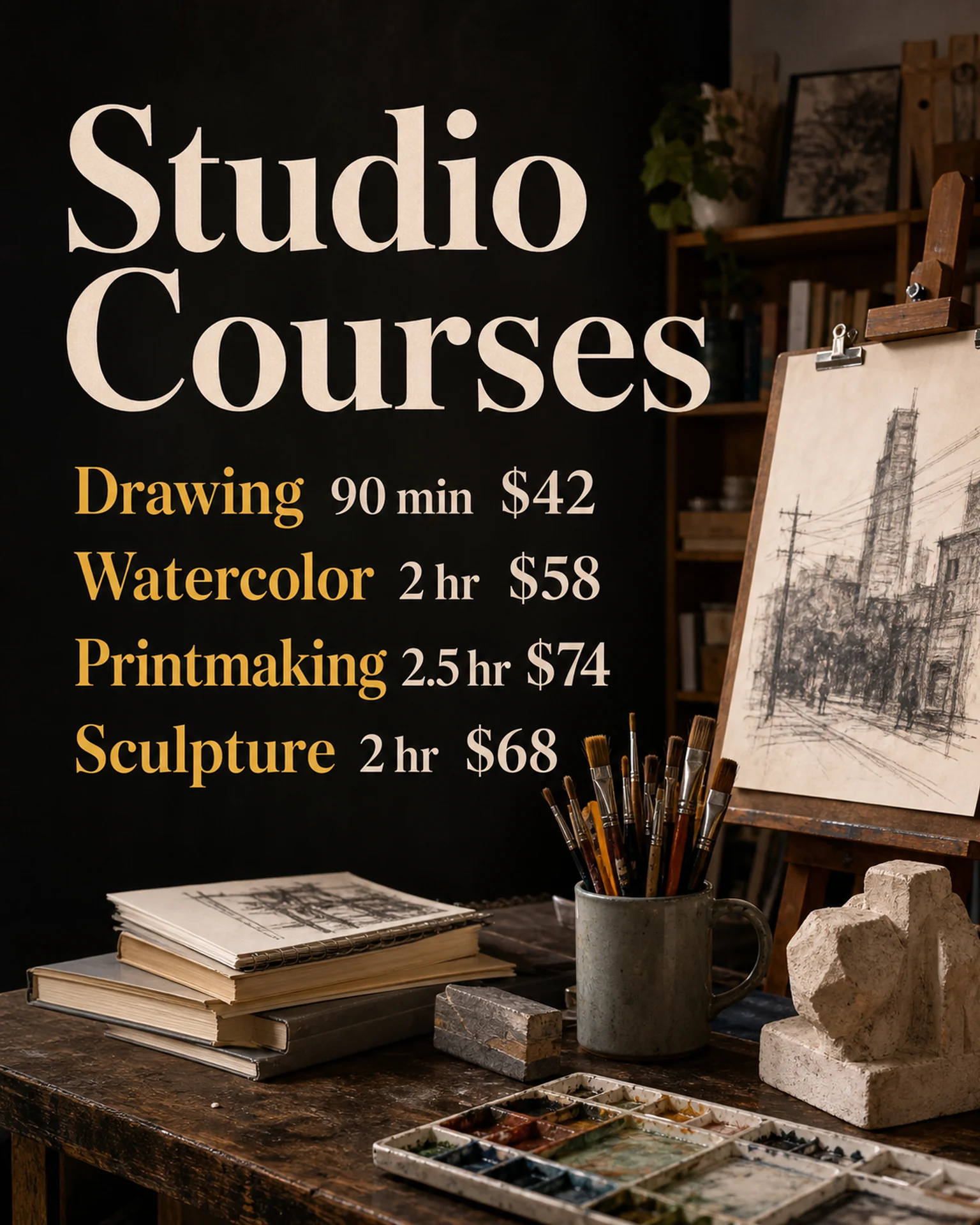 Art-course list with drawing materials