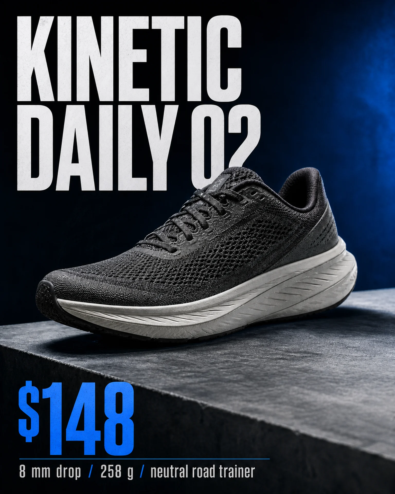 Black running shoe with electric-blue pricing
