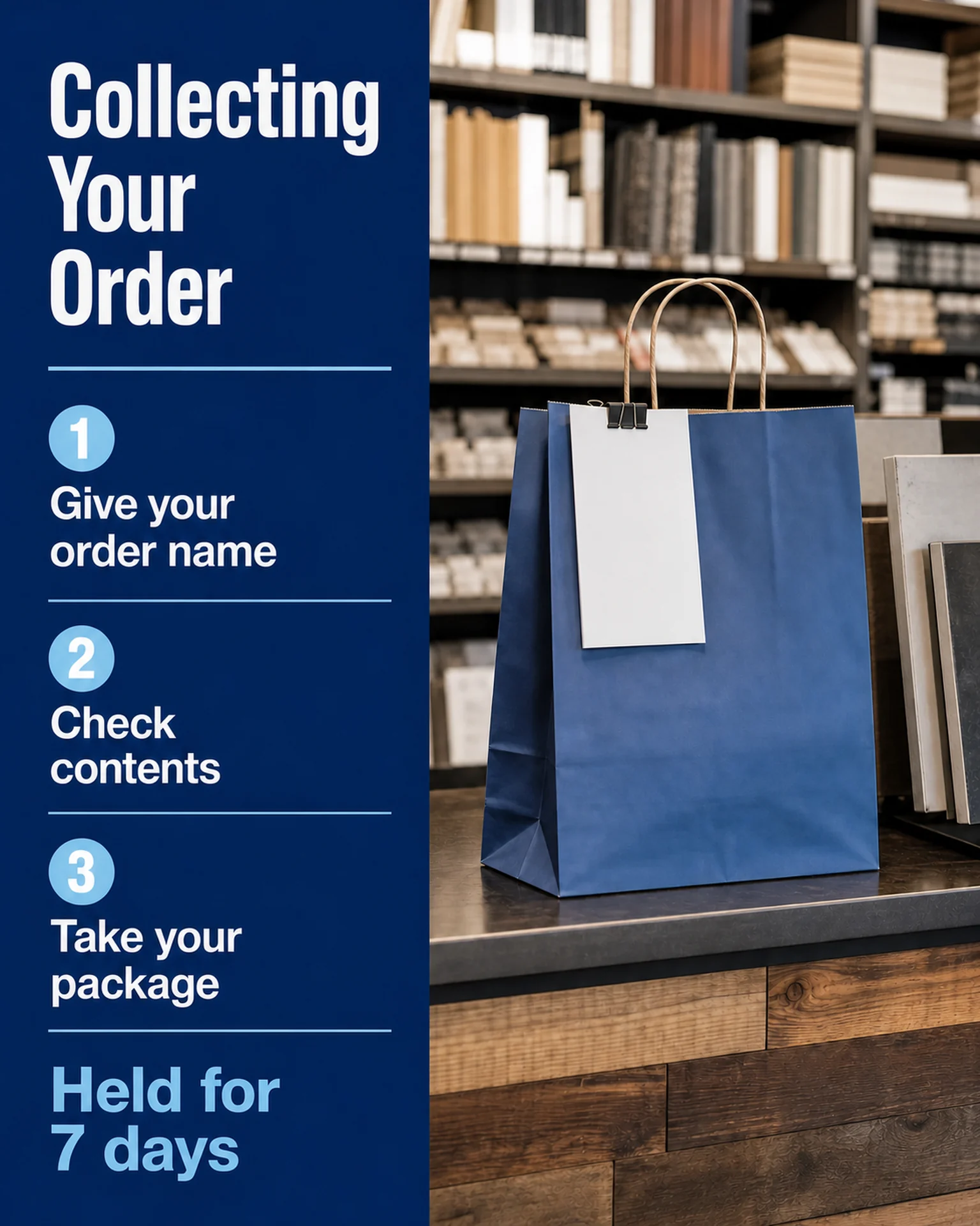 A blue shopping bag and a blue instruction panel explain order collection.