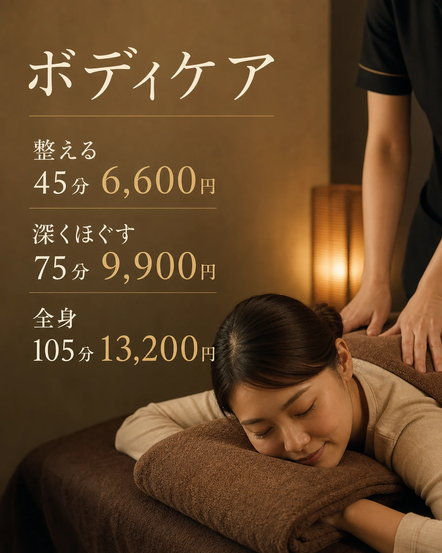 施術中の人物写真と茶色の背景に、時間別のボディケア料金があります。