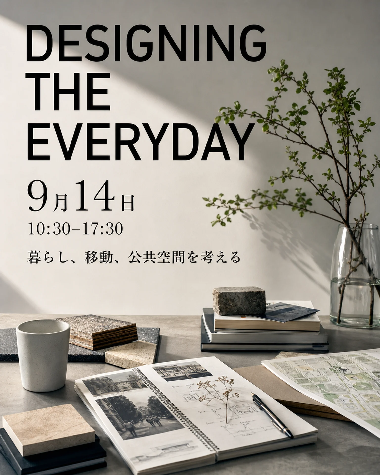 机上の本や資料の写真に、黒い大見出しと開催日を載せています。