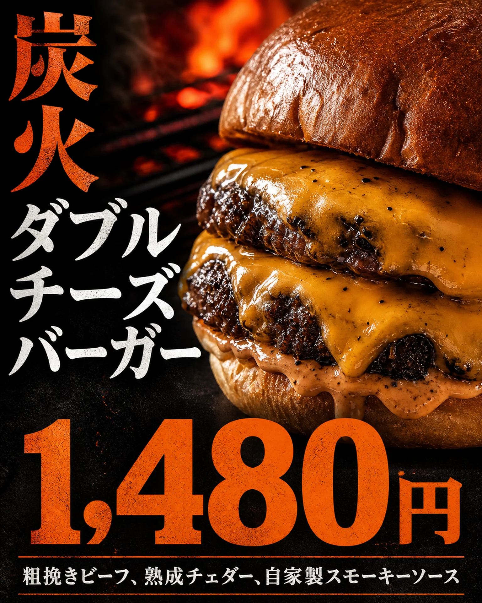 炭火と大きな二段バーガーに、オレンジ色の価格を重ねた暗色の構成。
