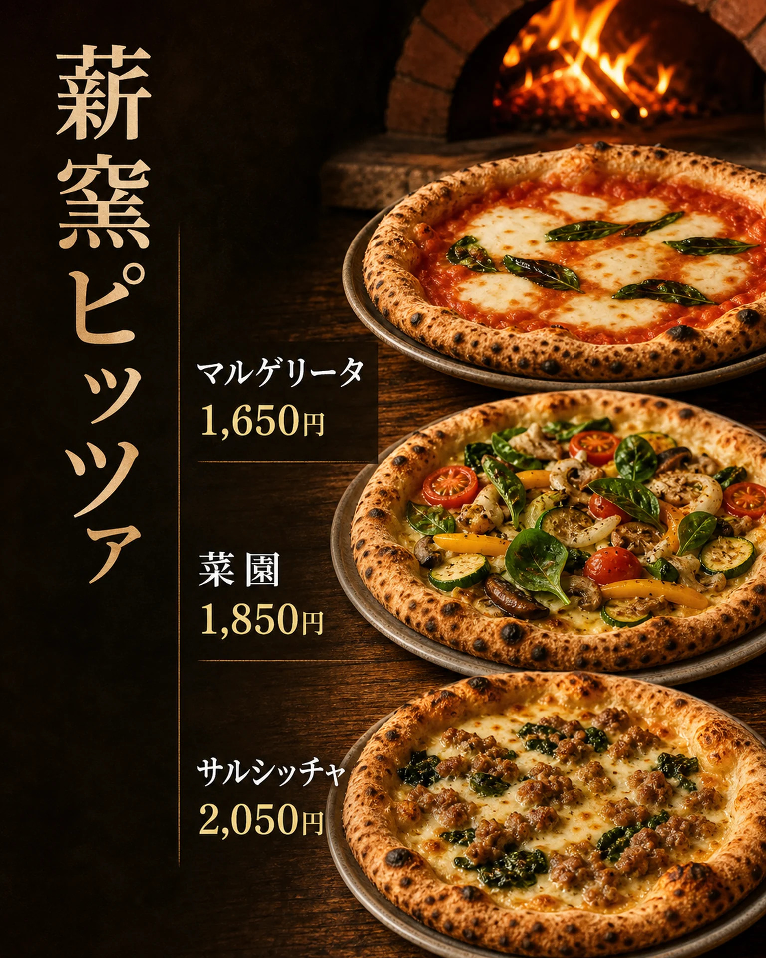 薪窯ピザの暗色メニュー