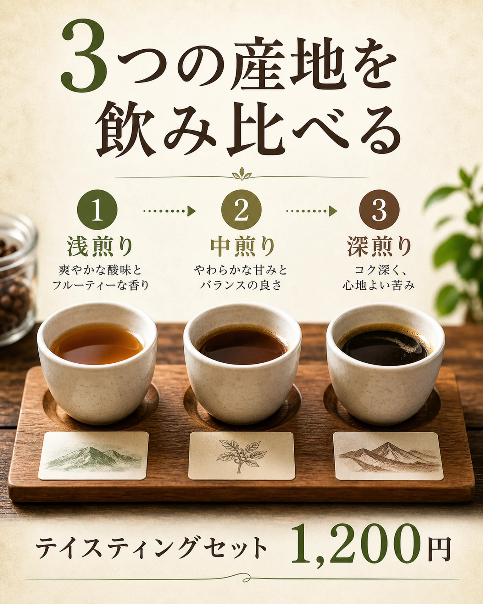 飲食店 案内: 三杯のコーヒー飲み比べ案内
