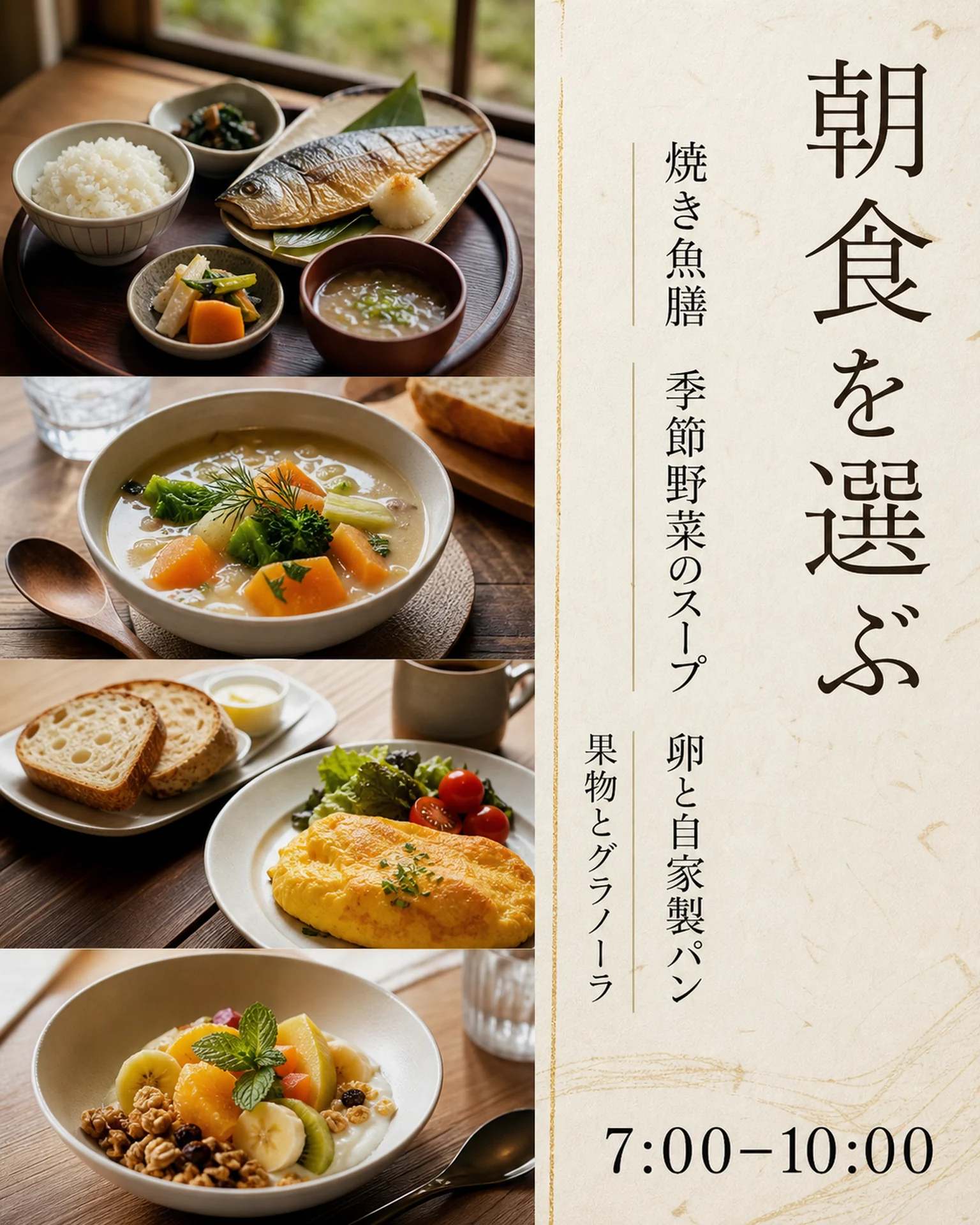 宿泊・観光 メニュー: 朝食写真と提供時間の案内