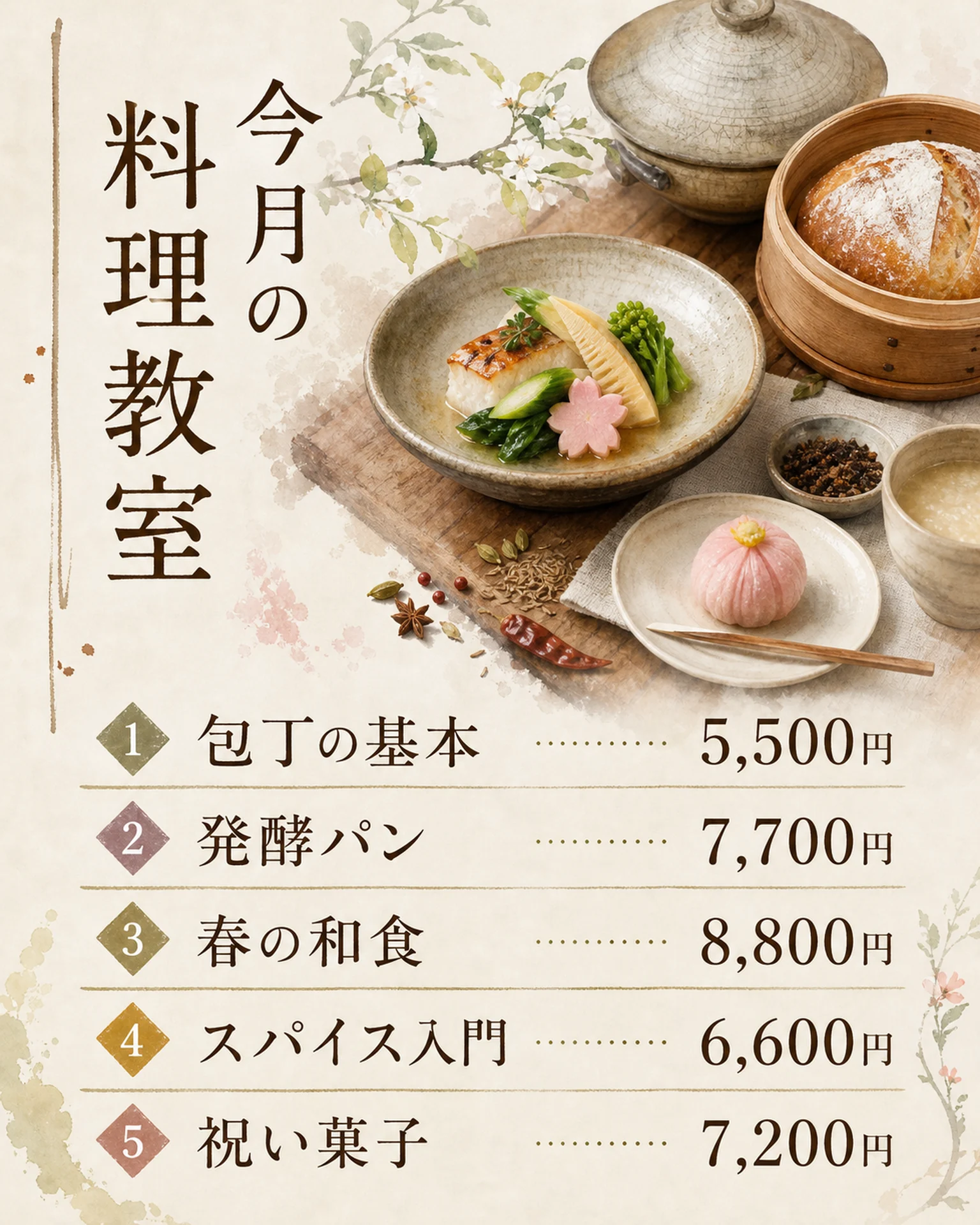 番号付き料理講座メニュー
