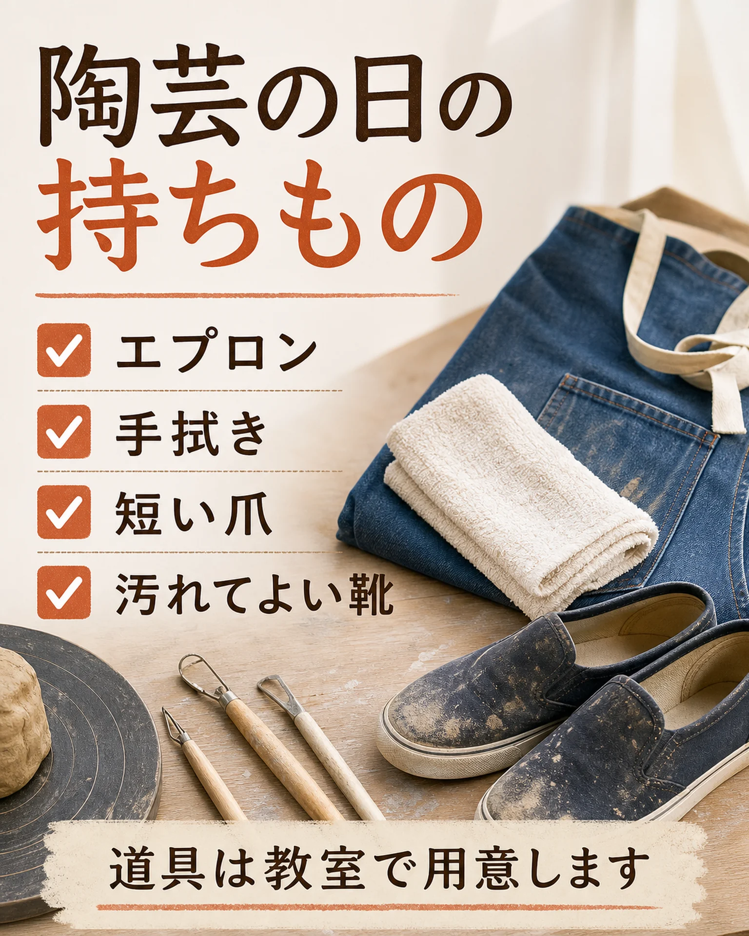 スクール・教室 案内: エプロンとタオルの持ち物一覧