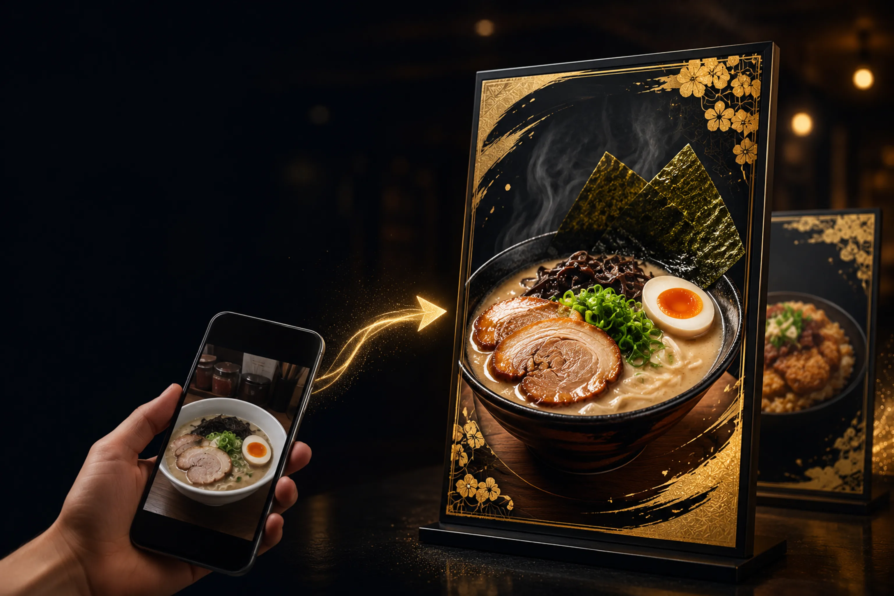 スマホの料理写真がAIで完成ポスターに変わるイメージ